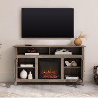 Walker Edison Glenwood Rustic Farmhouse Glass Door Highboy Fireplace Tv Stand For Tvs Up To 65 Inches, 58 Inch, Driftwood