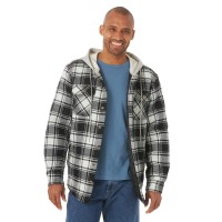 Wrangler Authentics Mens Long Sleeve Quilted Lined Flannel Shirt Jacket With Hood, Black Off-White, Medium