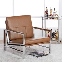 Studio Designs Atlas Modern Accent Chair With Padded Armrests - 295 W X 32 D X 33 H - Armchair For Home Or Office - Caramel Brown Bonded Leather Fabric And Chrome Legs