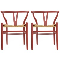 2Xhome Set Of 2 Wishbone Solid Wood Armchairs With Arms Open Y Back Farmhouse Dining Office Chairs With Woven Beige Seat (Red)