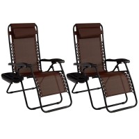 Goplus Zero Gravity Chair, Adjustable Folding Reclining Lounge Chair With Pillow And Cup Holder, Patio Lawn Recliner For Outdoor Pool Camp Yard (Set Of 2, Brown)