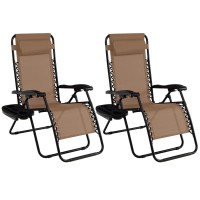 Goplus Zero Gravity Chair, Adjustable Folding Reclining Lounge Chair With Pillow And Cup Holder, Patio Lawn Recliner For Outdoor Pool Camp Yard (Set Of 2, Beige)