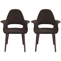 2Xhome - Set Of 2 Organic Upholstered Fabric Modern Armchairs With Dark Walnut Brown Wooden Legs For Dining Room Office Or Accent Chair (Brown)