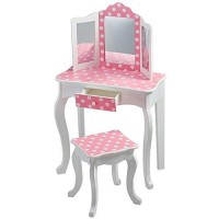 Teamson Kids Pretend Play Kids Vanity, Table And Chair Vanity Set With Mirror Makeup Dressing Table, With Drawer Fashion Polka Dot Prints Gisele Vanity Set, Pink White
