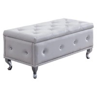 Pilaster Designs - Crystal Tufted Design White Upholstered Storage Bench Ottoman