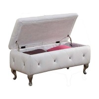 Pilaster Designs - Crystal Tufted Design White Upholstered Storage Bench Ottoman