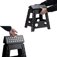 Acko Folding Step Stool 16 Inch Stool 400 Lb Weight Capacity Plastic Foldable Step Stools For Adults And Kids, Folding Stool Suitable For Kitchen, Stepping Stool With Handle Black Step Stool 1Pc