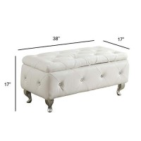 Ac Pacific Bench With Upholstered Tufted Leather Cushion And Crystal Leg Finish, Glam Storage Ottoman For Entryway, Hallway, Living Room Or Bedroom, White