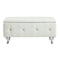 Ac Pacific Bench With Upholstered Tufted Leather Cushion And Crystal Leg Finish, Glam Storage Ottoman For Entryway, Hallway, Living Room Or Bedroom, White