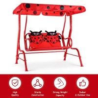 Costzon Patio Swing,All-Weather Porch Swing W/Safety Belt, 2 Seats Outdoor Lounge Chair Hammock W/Removable Canopy, Outdoor Swing Bench For Backyard Lawn Garden (Ladybug Pattern,Red)