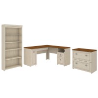 Bush Furniture L Shaped Desk With Drawers, Storage, 5 Shelf Bookcase And Lateral File Cabinet | Fairview Collection Home Office Furniture Sets, 60W, Antique White