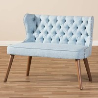 Baxton Studio Scarlett Mid-Century Modern Brown Wood And Dark Grey Fabric Upholstered Button-Tufting With Nail Heads Trim 2-Seater Loveseat Settee