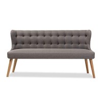 Baxton Studio Melody Mid-Century Modern Grey Fabric And Natural Wood Finishing 3-Seater Settee Bench