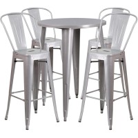 Commercial Grade 30 Round Silver Metal Indoor-Outdoor Bar Table Set With 4 Cafe Stools