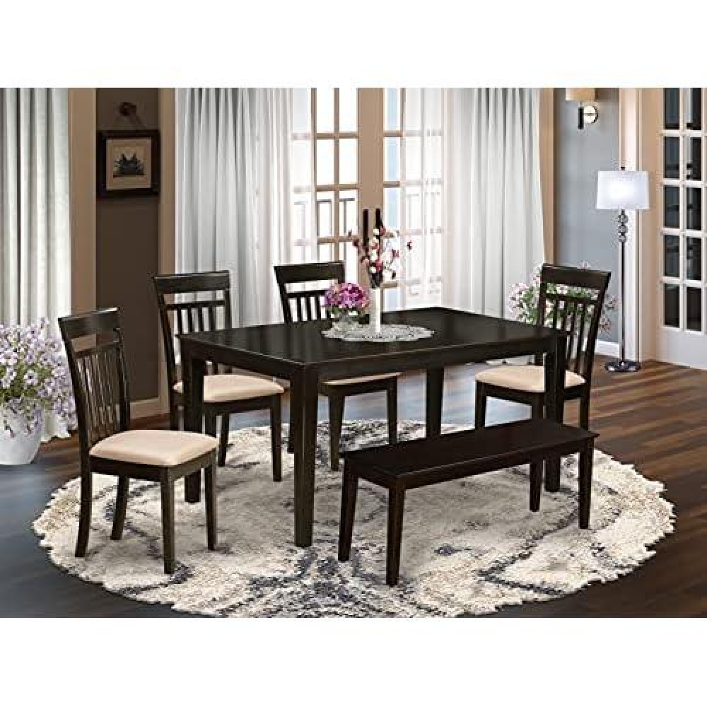 East West Furniture Cap6S-Cap-C Kitchen Table Set 6 Pc - Linen Fabric Kitchen Chairs Seat - Cappuccino Finish Dining Room Table And Kitchen Dining Bench