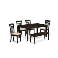 East West Furniture Cap6S-Cap-C Kitchen Table Set 6 Pc - Linen Fabric Kitchen Chairs Seat - Cappuccino Finish Dining Room Table And Kitchen Dining Bench