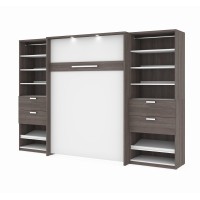 Bestar Cielo Full Murphy Bed And 2 Shelving Units With Drawers (118W), Bark Grey & White