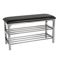 Danya B Black Leatherette Storage Entryway Bench With Chrome Frame Holds Shoes, Modern Style For Apartments, Mudrooms Or Hall Entries In Home Or Office