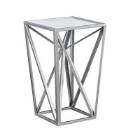 Madison Park Zee Accent Tables For Living Room, Glass Top Hollow, Small Metal Frame Geometric Angular Design Luxe Modern Stylish Nightstand Bedroom Furniture, Silver