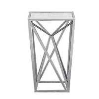 Madison Park Zee Accent Tables For Living Room, Glass Top Hollow, Small Metal Frame Geometric Angular Design Luxe Modern Stylish Nightstand Bedroom Furniture, Silver