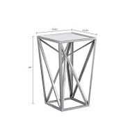 Madison Park Zee Accent Tables For Living Room, Glass Top Hollow, Small Metal Frame Geometric Angular Design Luxe Modern Stylish Nightstand Bedroom Furniture, Silver