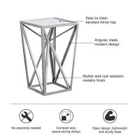 Madison Park Zee Accent Tables For Living Room, Glass Top Hollow, Small Metal Frame Geometric Angular Design Luxe Modern Stylish Nightstand Bedroom Furniture, Silver