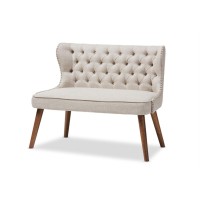 Baxton Studio Scarlett Mid-Century Modern Brown Wood And Light Beige Fabric Upholstered Button-Tufting With Nail Heads Trim 2-Seater Loveseat Settee