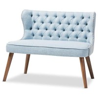 Baxton Studio Scarlett Mid-Century Modern Brown Wood And Light Beige Fabric Upholstered Button-Tufting With Nail Heads Trim 2-Seater Loveseat Settee