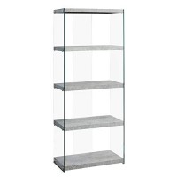 Monarch Specialties 3233 Bookshelf, Bookcase, Etagere, 5 Tier, 60 H, Office, Bedroom, Tempered Glass, Laminate, Grey, Clear, Contemporary, Modern Bookcase-60 Cement, 24 L X 12 W X 58.75 H