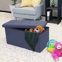 Seville Classics Cushioned Fabric Ottoman Hidden Storage Chest Footrest Chair, Padded Seat For Bedroom, Dorm, Loft, Living Room, Entryway, Hallway, Midnight Blue, 315 Bench