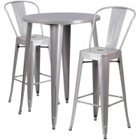 Commercial Grade 30 Round Silver Metal Indoor-Outdoor Bar Table Set With 2 Cafe Stools