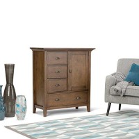 Simplihome Redmond Solid Wood 39 Inch Wide Transitional Medium Storage Cabinet In Rustic Natural Aged Brown With 3 Small Drawers, 1 Large Drawer