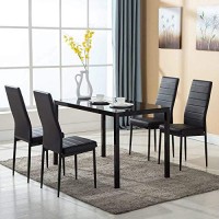 Mecor 5Pc Kitchen Dinning Table Set Glass Top Metal Legs W/4 Pu Leather Chairs Black