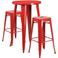 Commercial Grade 24 Round Red Metal Indoor-Outdoor Bar Table Set With 2 Square Seat Backless Stools