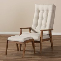 Baxton Studio Roxy Mid-Century Modern Walnut Wood Finishing And Light Beige Fabric Upholstered Button-Tufted High-Back Lounge Chair And Ottoman Set