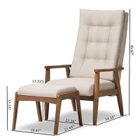 Baxton Studio Roxy Mid-Century Modern Walnut Wood Finishing And Light Beige Fabric Upholstered Button-Tufted High-Back Lounge Chair And Ottoman Set