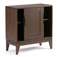 Simplihome Harper Solid Wood 30 Inch Wide Mid Century Modern Low Storage Cabinet In Walnut Brown, With Large Space Behind 2 Sliding Notched Handle Doors With 2 Adjustable Shelves