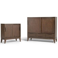 Simplihome Harper Solid Wood 30 Inch Wide Mid Century Modern Low Storage Cabinet In Walnut Brown, With Large Space Behind 2 Sliding Notched Handle Doors With 2 Adjustable Shelves