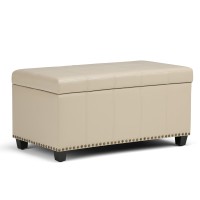 Simplihome Amelia 33 Inch Wide Transitional Rectangle Storage Ottoman Bench In Satin Cream Vegan Faux Leather, For The Living Room, Entryway And Family Room