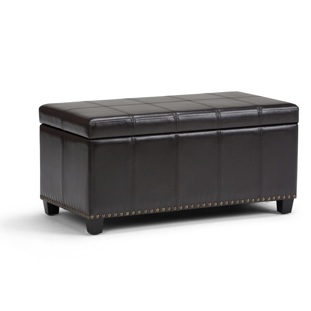 Simplihome Amelia 33 Inch Wide Transitional Rectangle Storage Ottoman Bench In Tanners Brown Vegan Faux Leather, For The Living Room, Entryway And Family Room