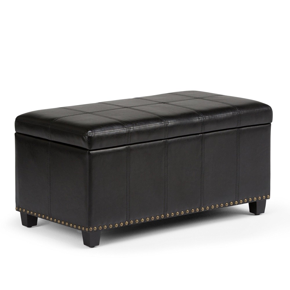 Simplihome Amelia 33 Inch Wide Transitional Rectangle Storage Ottoman Bench In Midnight Black Vegan Faux Leather, For The Living Room, Entryway And Family Room