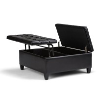 Simplihome Harrison 36 Inch Wide Square Coffee Table Lift Top Storage Ottoman In Upholstered Midnight Black Tufted Faux Leather For The Living Room,
