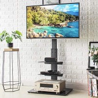 Rfiver Swivel Floor Tv Stand With Vesa Mount For 32 39 40 43 49 50 55 60 65 70 Inch Flat Screens/Curved Tvs, 3-Shelf Tall Narrow Tv Stand With Tempered Glass Base, Black Height Adjustable Mount Stand