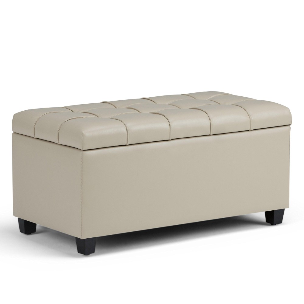 Simplihome Sienna 33 Inch Wide Transitional Rectangle Storage Ottoman Bench In Satin Cream Vegan Faux Leather, For The Living Room, Entryway And Family Room