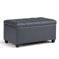 Simplihome Sienna 33 Inch Wide Transitional Rectangle Storage Ottoman Bench In Stone Grey Vegan Faux Leather, For The Living Room, Entryway And Family Room