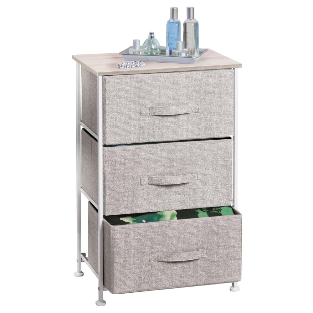Mdesign Steel Top And Frame Storage Dresser Tower Unit With 3 Removable Fabric Drawers For Bedroom, Living Room, Or Bathroom - Holds Clothes, Accessories, Lido Collection - Linen/Tan