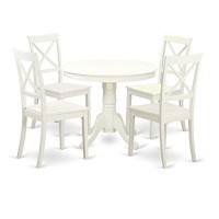 East West Furniture Anbo5-Lwh-W Antique 5 Piece Dinette Set For 4 Includes A Round Kitchen Table With Pedestal And 4 Dining Chairs, 36X36 Inch