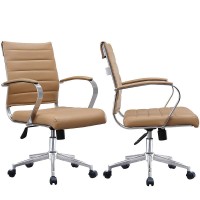 2Xhome - Set Of Two (2) - Tan - Modern Mid Back Ribbed Pu Leather Swivel Tilt Adjustable Chair Designer Boss Executive Management Manager Office Conference Room Work Task Computer