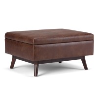 Simplihome Owen 34 Inch Wide Mid Century Modern Rectangle Coffee Table Lift Top Storage Ottoman In Upholstered Distressed Saddle Brown Faux Leather, For The Living Room