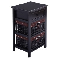 Giantex Wooden Nightstand 3 Tiers W/ 2 Baskets And 1 Drawer Bedside Sofa Storage Organizer For Home Living Room Bedroom End Table (1, Black)
